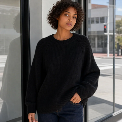 Women's Oversized Crewneck Knit Sweater with Raglan Sleeves