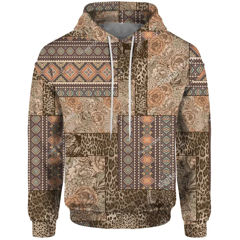 Patchwork-design hoodie with mixed patterns and hood