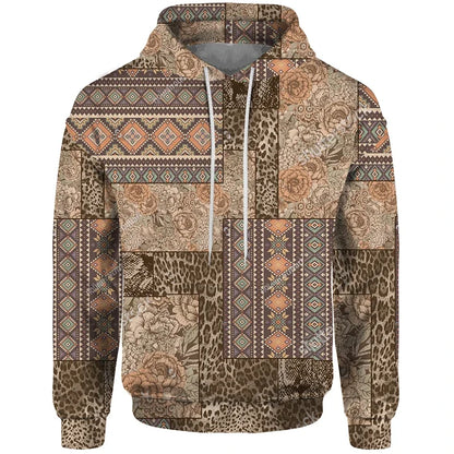 Patchwork-design hoodie with mixed patterns and hood
