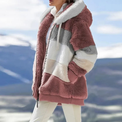 Damen Teddyfell Jacke mit Kapuze und Reißverschluss, mehrfarbig