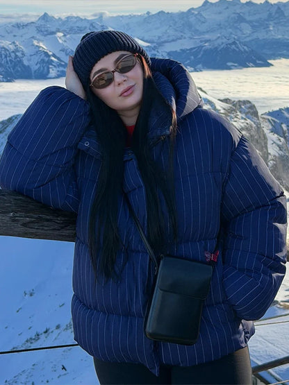 Damen Pufferjacke gestreift mit Kapuze Schwarz
