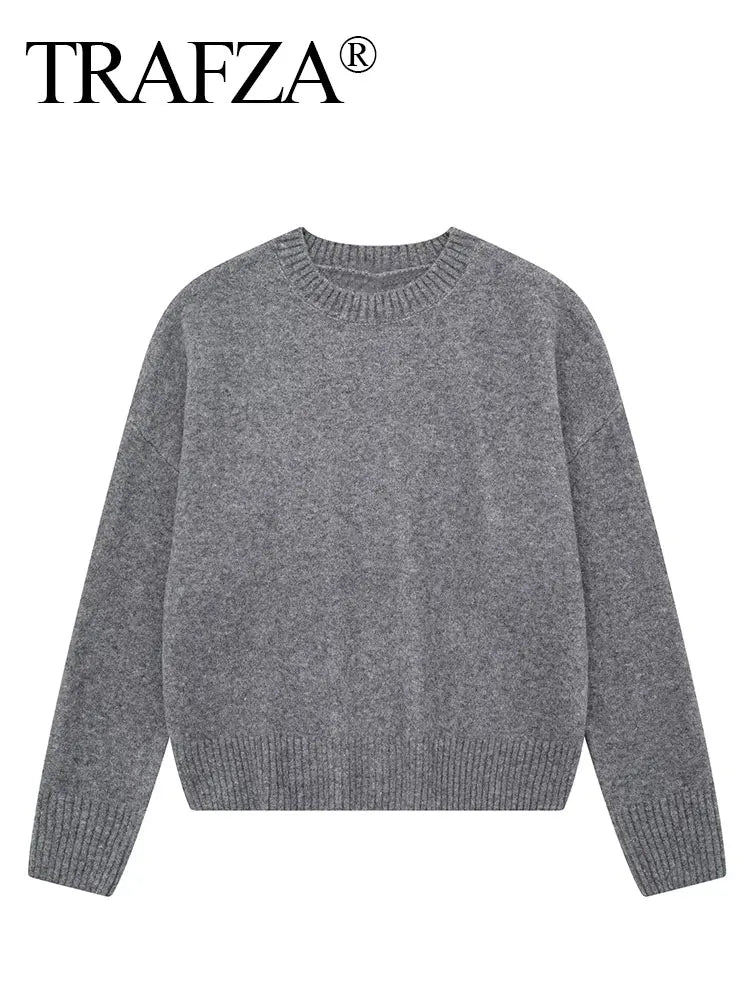 Women's Crew Neck Long-Sleeve Knit Sweater Ribbed Cuffs