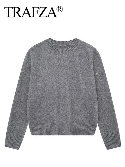 Women's Crew Neck Long-Sleeve Knit Sweater Ribbed Cuffs
