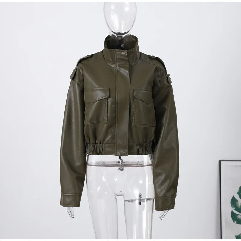 Women's short leather-look bomber jacket with stand-up collar