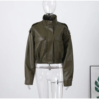 Women's short leather-look bomber jacket with stand-up collar