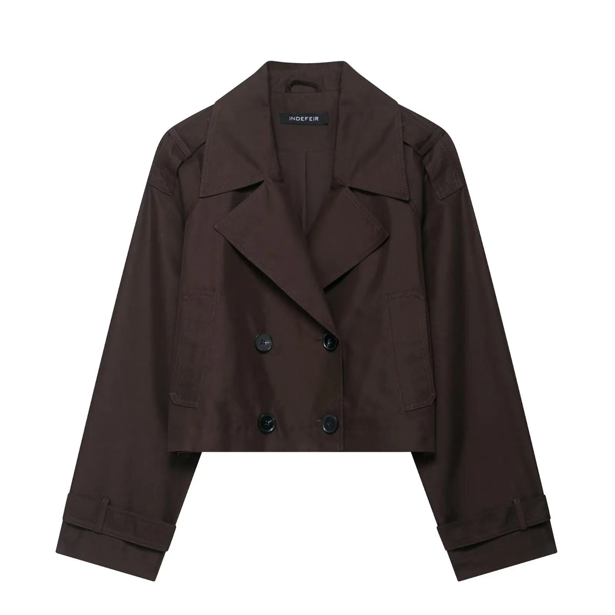 Short women's double-breasted trench coat jacket with wide collar