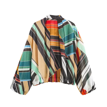 Damen Bluse Jacke Stehkragen Reißverschluss Bauschärmel Gestreift