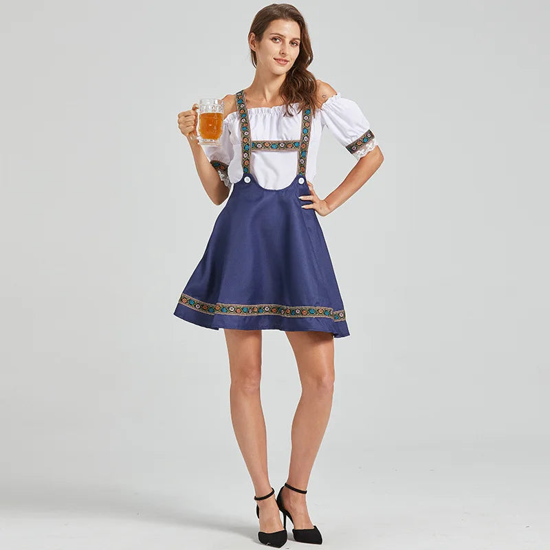 Damen Dirndl-Kleid mit Trägern und Carmen-Bluse, bestickt