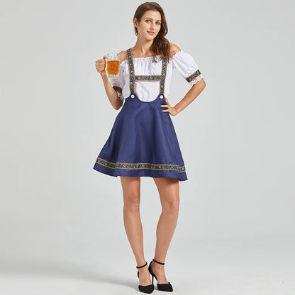 Damen Dirndl-Kleid mit Trägern und Carmen-Bluse, bestickt