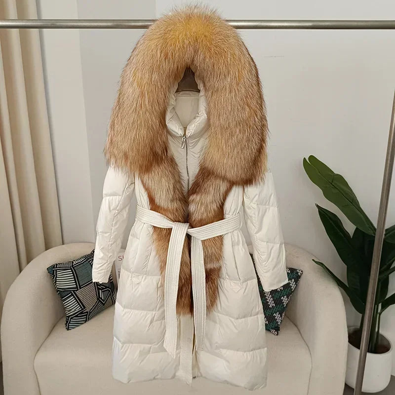 Damen Daunenmantel mit Pelzkapuze und Bindegürtel, gepolstert, lange Winterjacke