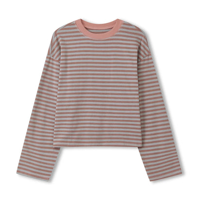 Gestreiftes Langarmshirt Damen Rundhalsausschnitt Oversize Cropped