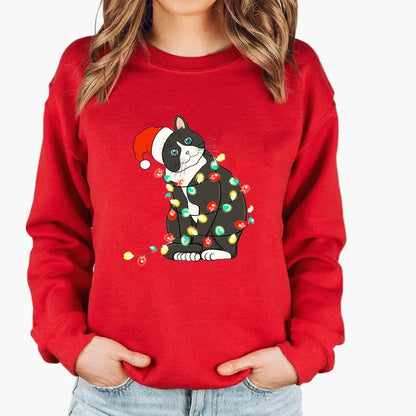 Damen Weihnachtspullover mit Katze, Weihnachtsmütze und Lichterkette – Lustiger Winter-Sweater für Frauen