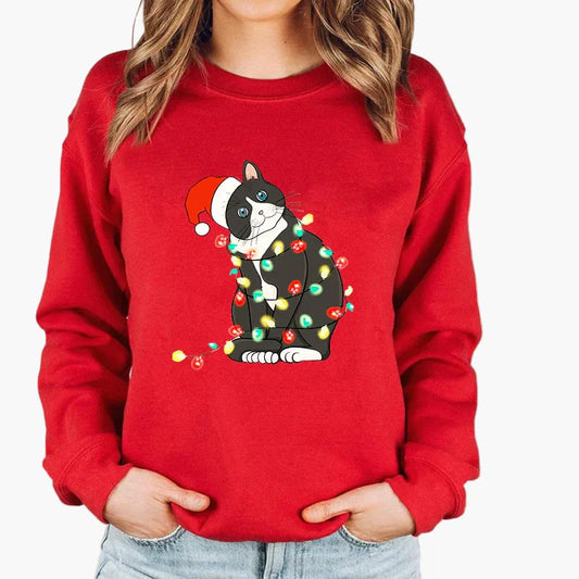 Damen Weihnachtspullover mit Katze, Weihnachtsmütze und Lichterkette – Lustiger Winter-Sweater für Frauen