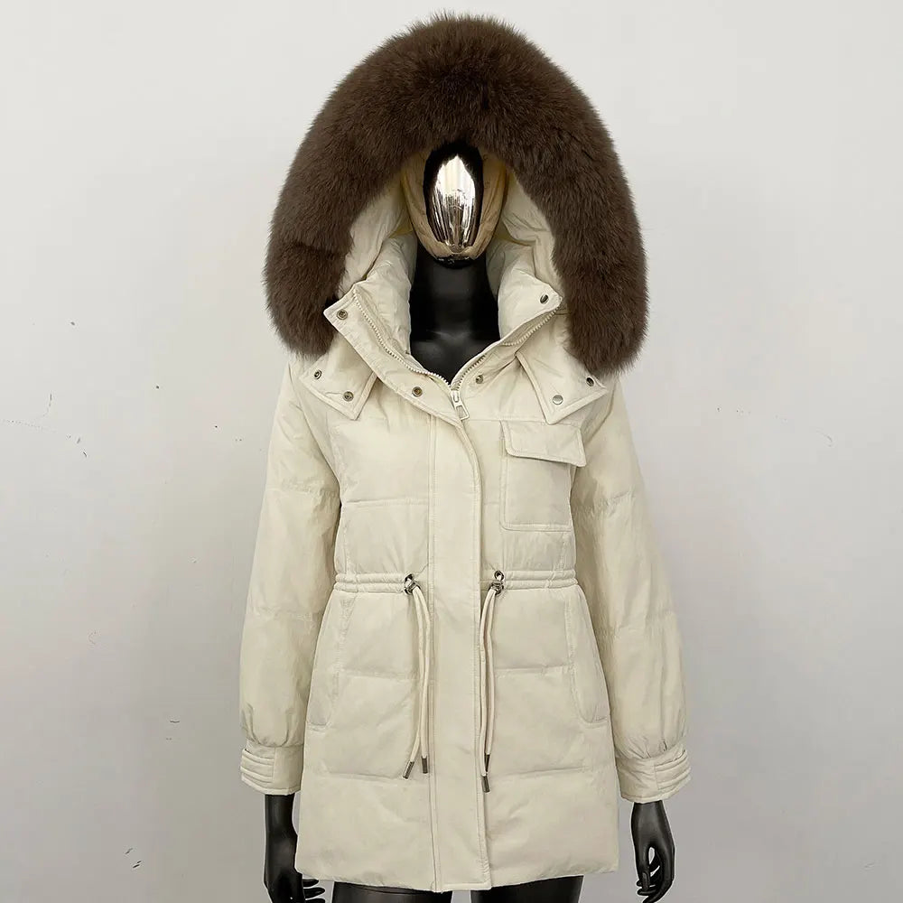 Women's winter parka jacket with fur hood and drawstring waist