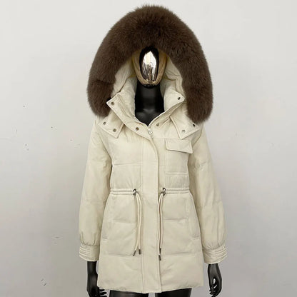 Women's winter parka jacket with fur hood and drawstring waist