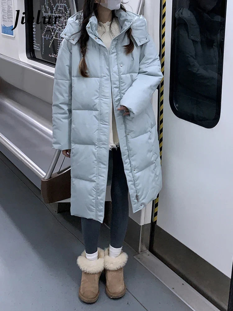 Women's long quilted coat with hood, solid colors