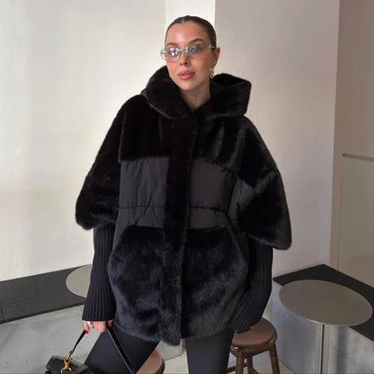 Damen Kapuzenjacke Fellimitat Steppdesign Braun Winterjacke