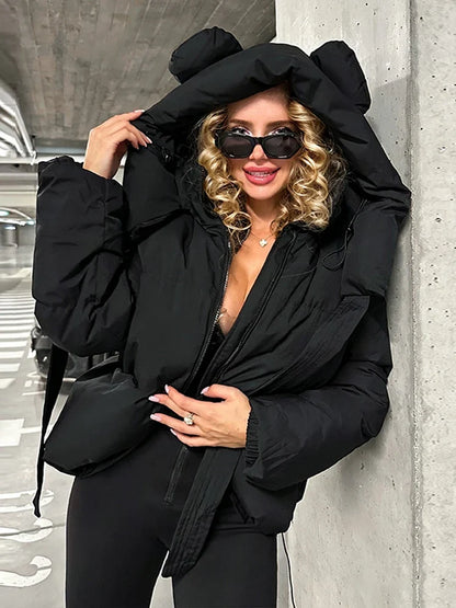 Women's short warm quilted winter jacket with hood featuring ears
