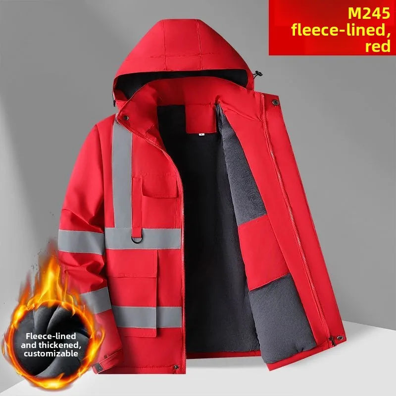Men's winter work jacket with fleece lining, reflective stripes, and hood