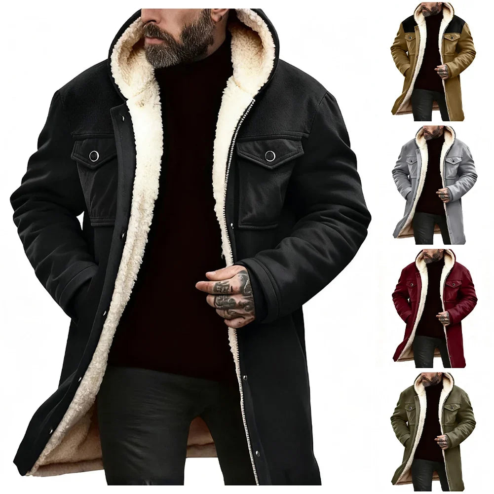 Herren Winterparka mit Kapuze, Fleecefutter und Knöpfen – Warm gefütterter Mantel