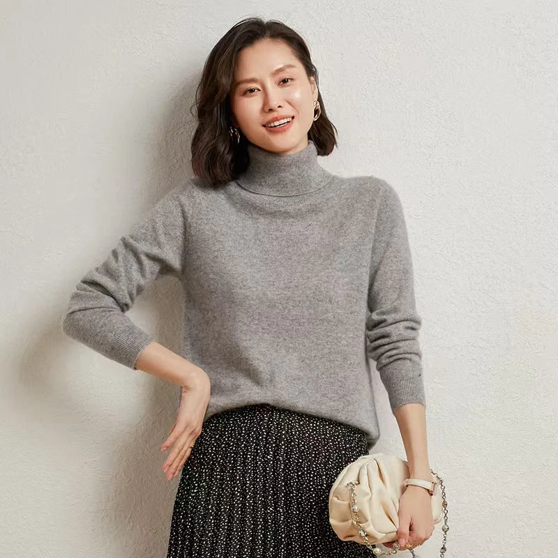 Women's long-sleeved turtleneck knitted sweater, warm, solid color