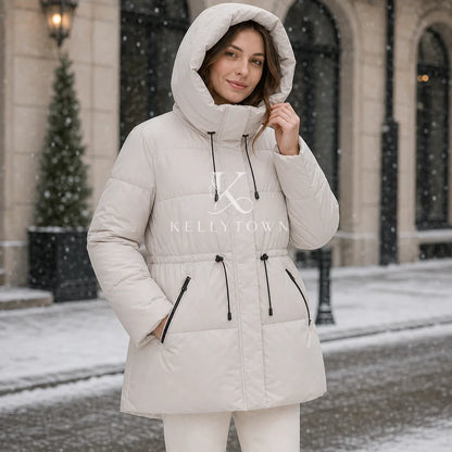Women's quilted jacket with hood and waist drawstring, light beige