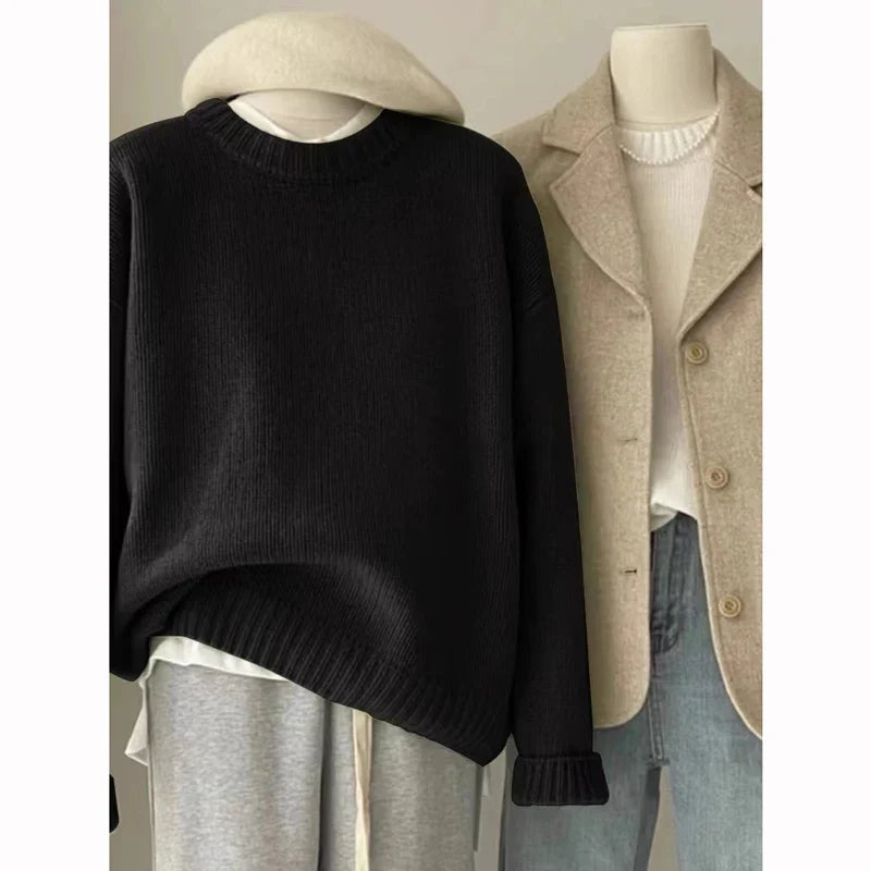 Ribbed crew-neck knit sweater, loose fit, multicolored