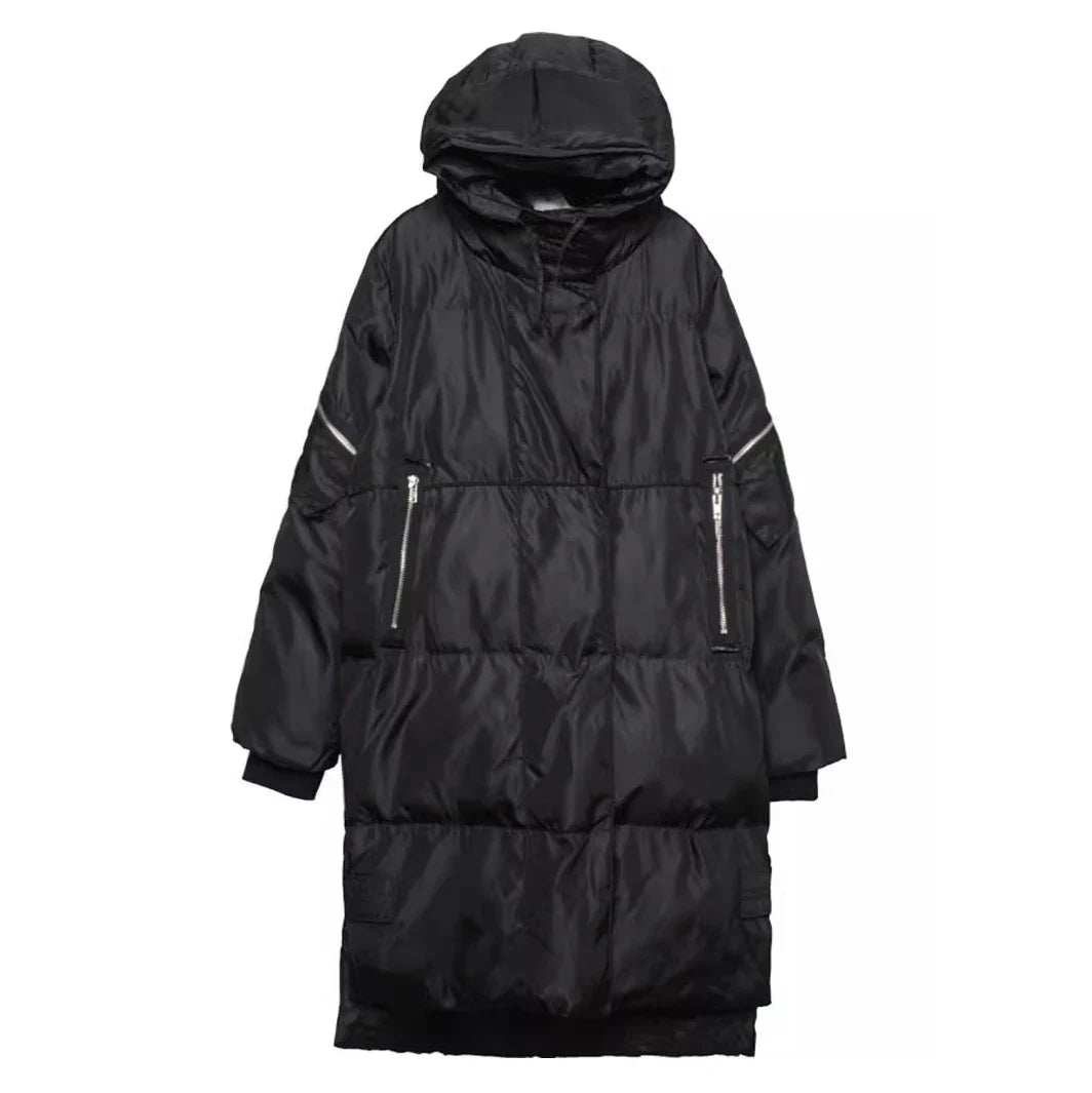 Unisex Langer Steppmantel Schwarz mit Kapuze