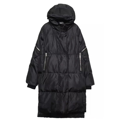 Unisex Langer Steppmantel Schwarz mit Kapuze