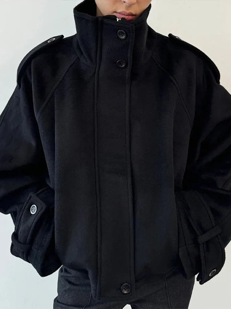 Short women's jacket with stand collar, gray and black, oversized