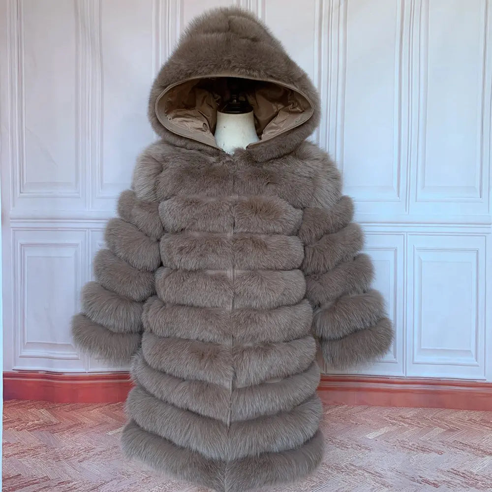 Women's winter faux fur coat with hood, long sleeves, warm jacket, striped