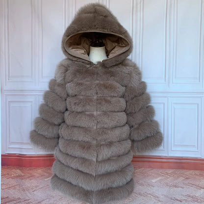 Women's winter faux fur coat with hood, long sleeves, warm jacket, striped