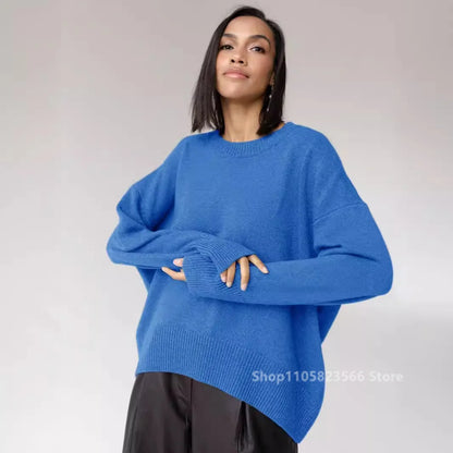 Women's oversized knit sweater, crew neck, loose fit