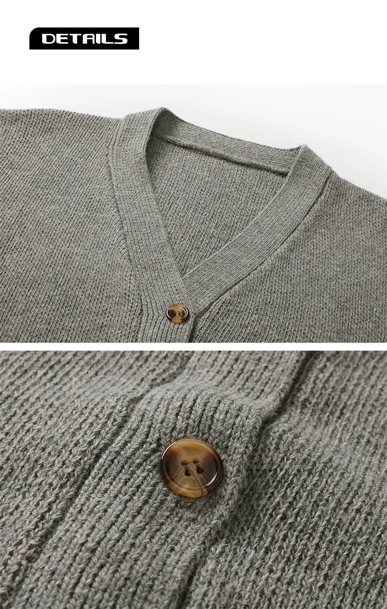 Unisex V-neck cardigan with striped sleeves and button placket