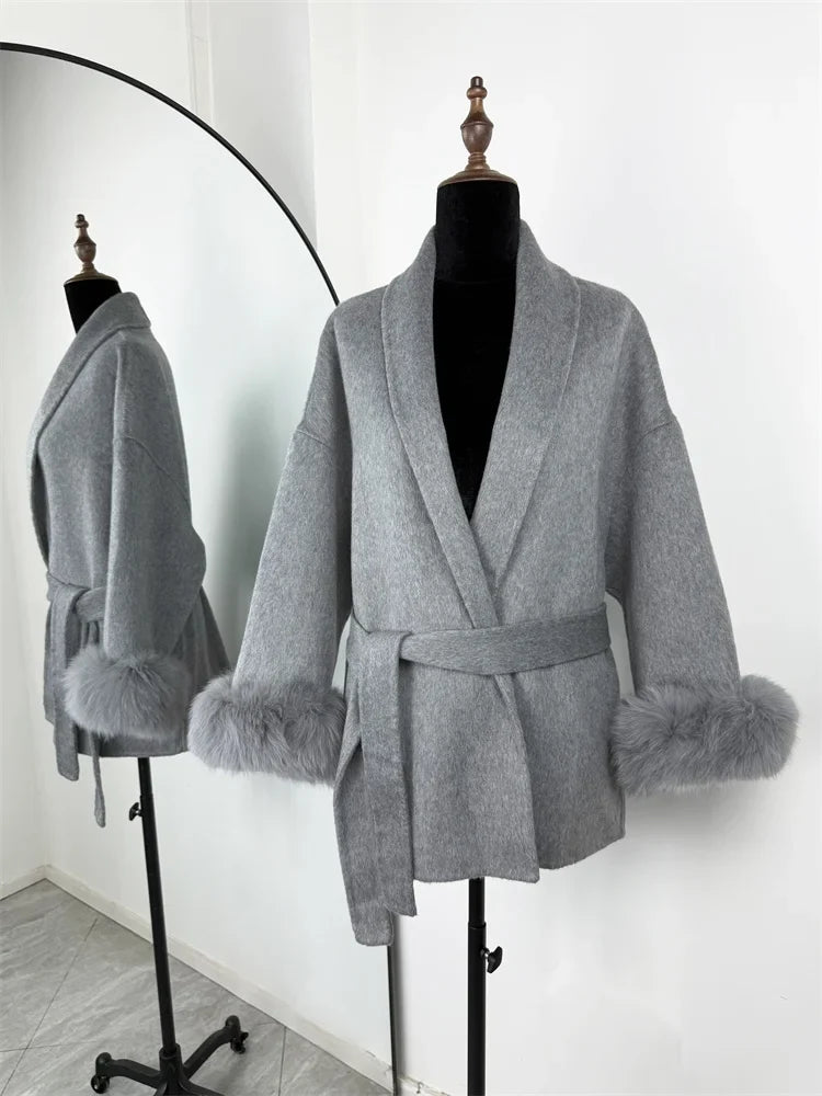 Short women's wrap coat with faux-fur sleeves and tie belt