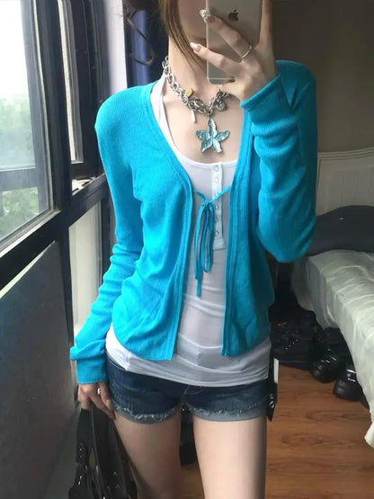 Women's rib-knit cardigan in turquoise with long sleeves and V-neck