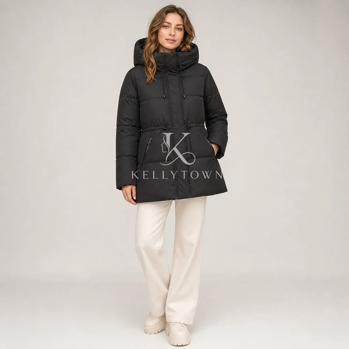 Women's quilted jacket with hood and waist drawstring, light beige