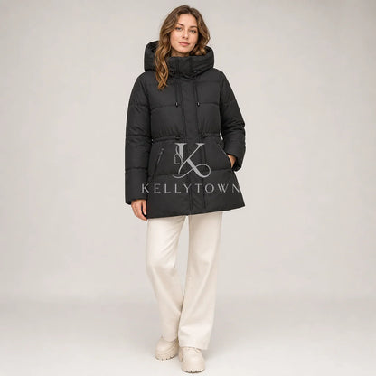 Women's quilted jacket with hood and waist drawstring, light beige