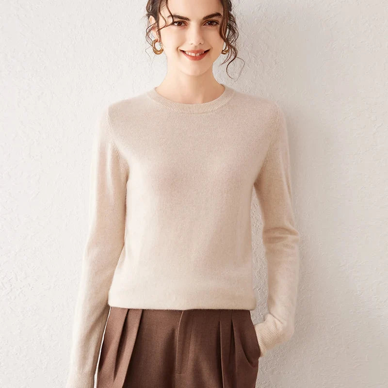 Women's crew-neck long-sleeve basic knitted sweater, cozy pullover