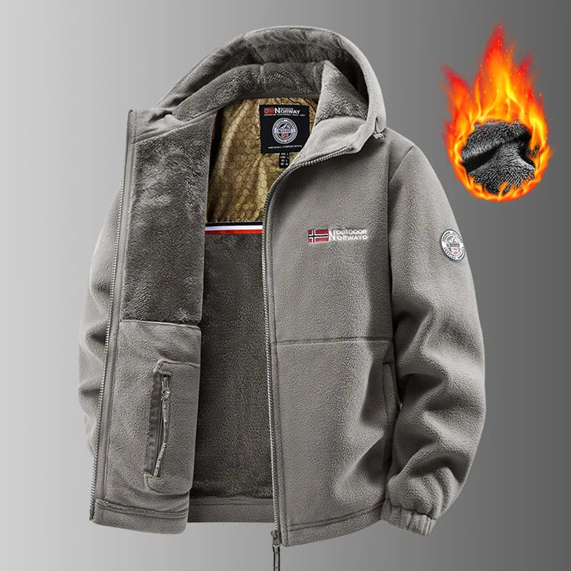 Men's lined fleece jacket with hood and zip closure