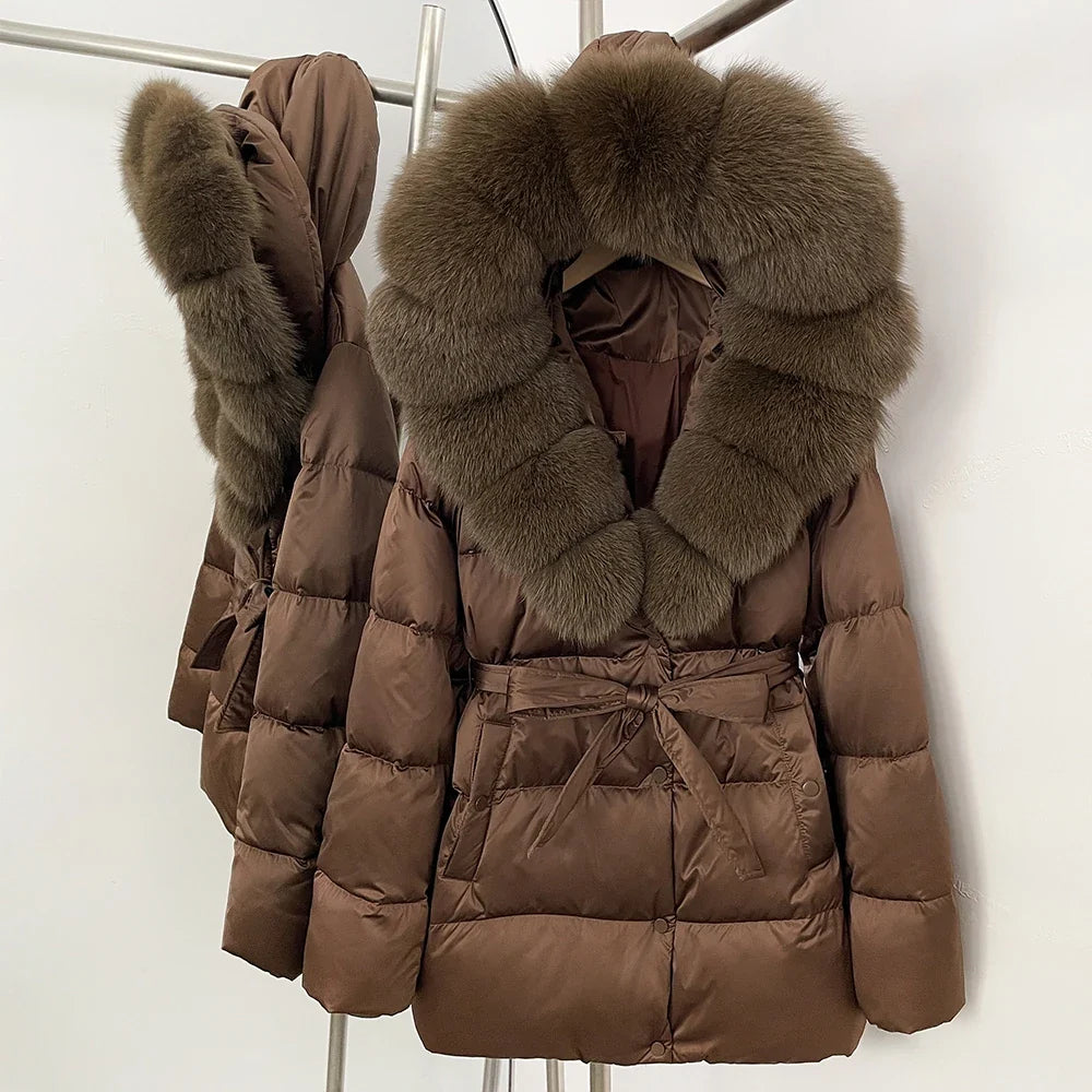 Damen Daunenjacke mit Kapuze, Pelzbesatz und Gürtel