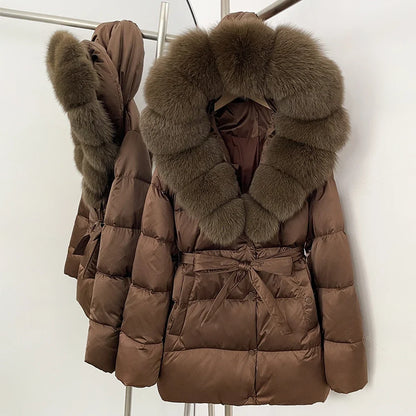 Damen Daunenjacke mit Kapuze, Pelzbesatz und Gürtel