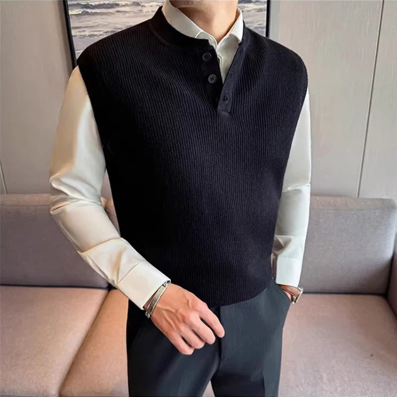 Men's knitted vest collarless pullover vest ribbed sleeveless