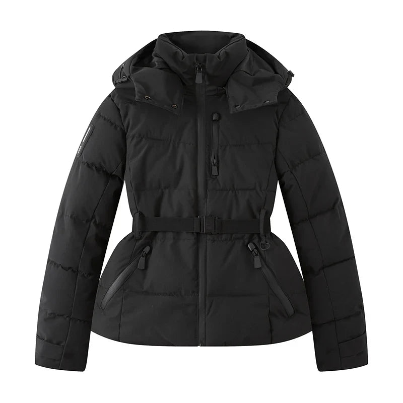 Women's down jacket with hood & belt, shiny/patterned