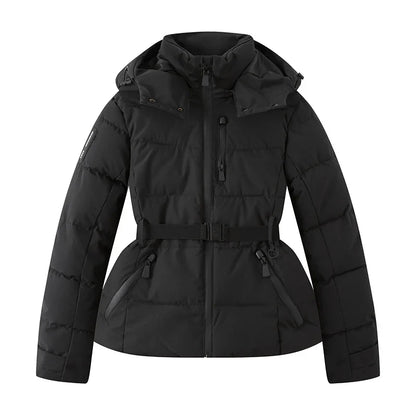 Women's down jacket with hood & belt, shiny/patterned