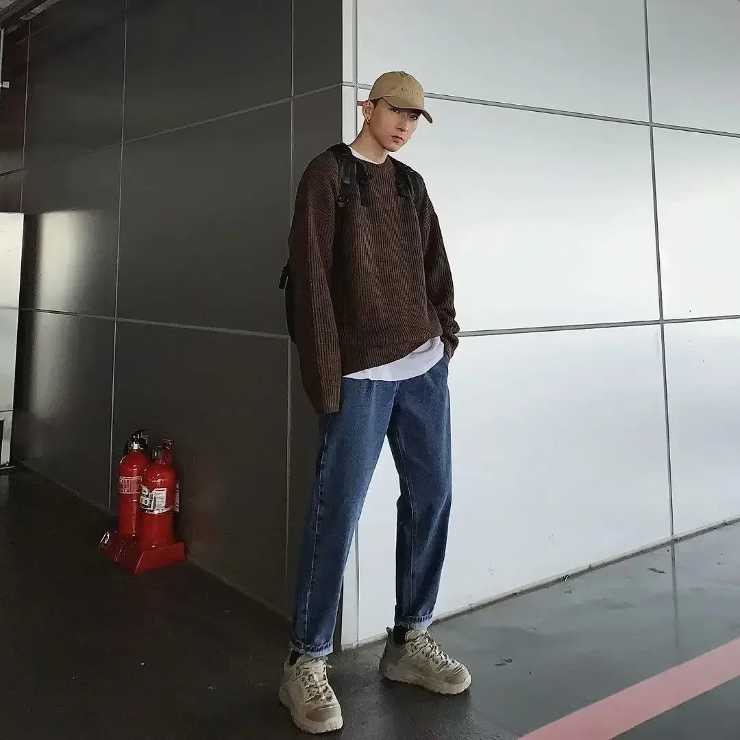 Unisex chunky-knit oversized crew-neck long-sleeve sweater