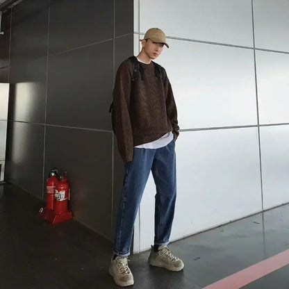 Unisex chunky-knit oversized crew-neck long-sleeve sweater