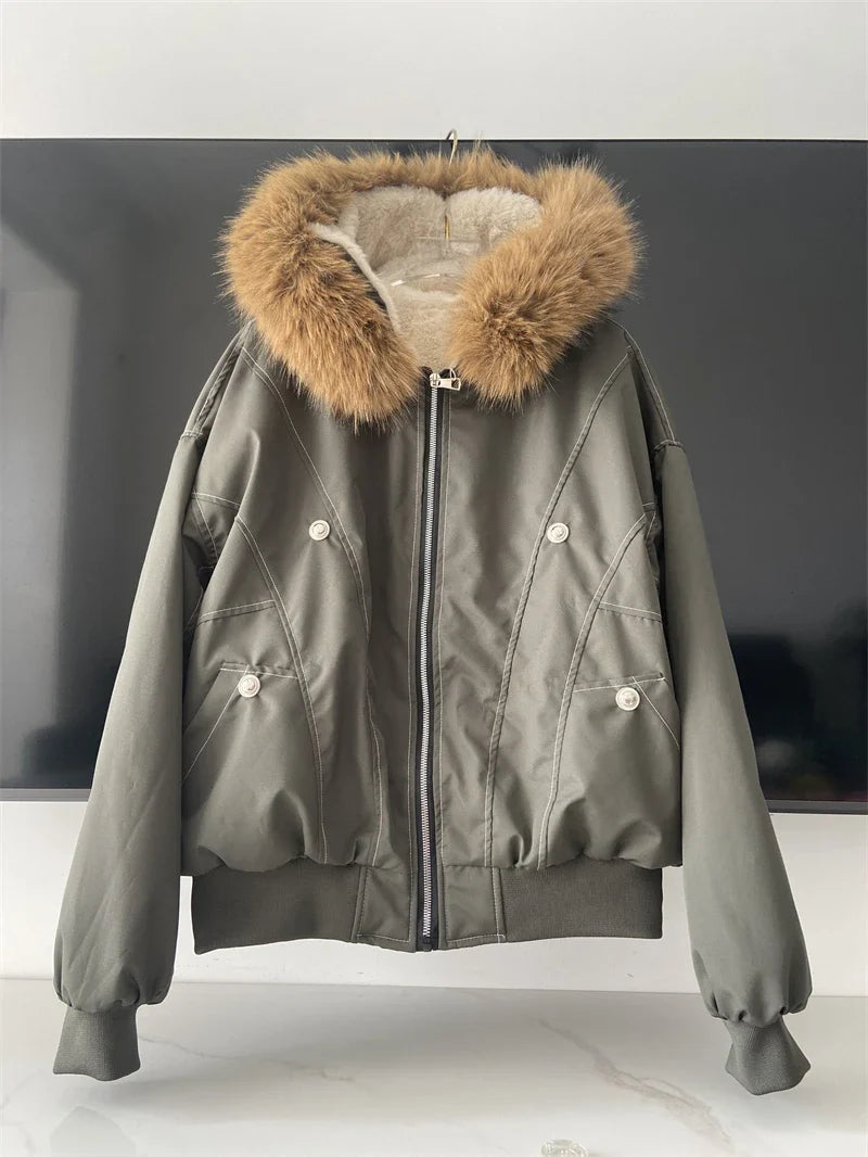 Damen Bomberjacke mit Kapuze und Kunstfellfutter