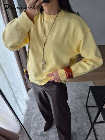 Women's Soft Oversized Crew Neck Long-Sleeve Knit Sweater Yellow