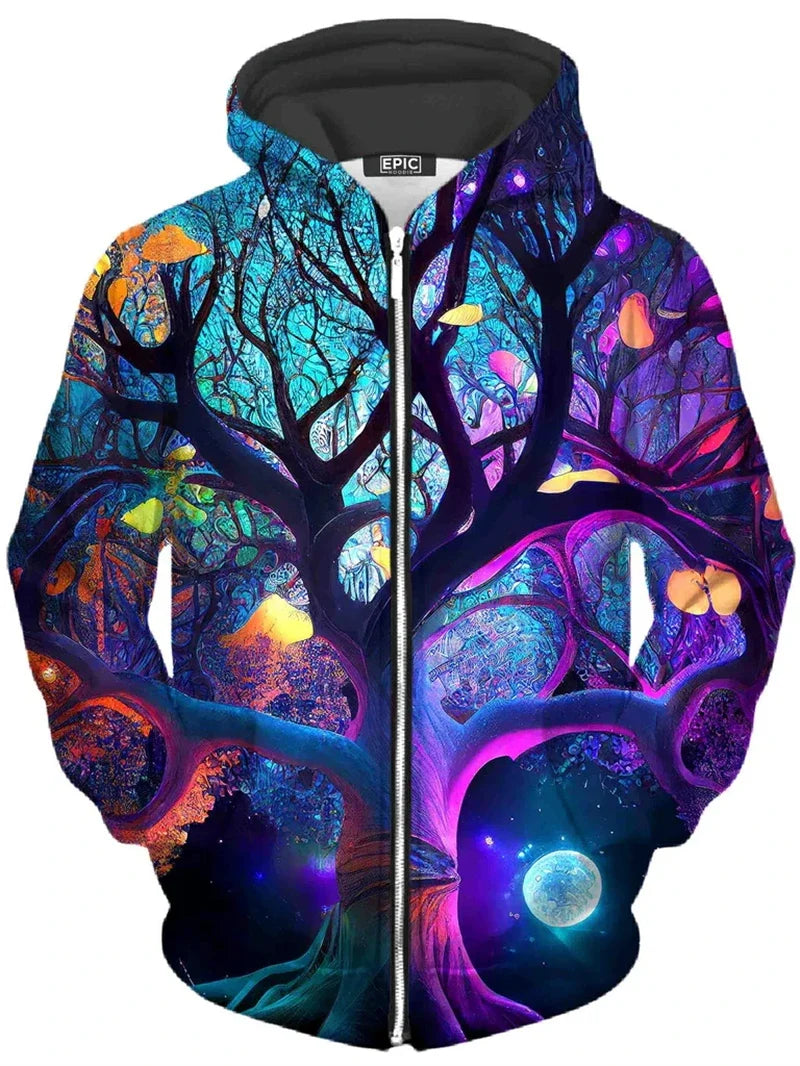 Zip-Up Hoodie with Colorful Tree Print
